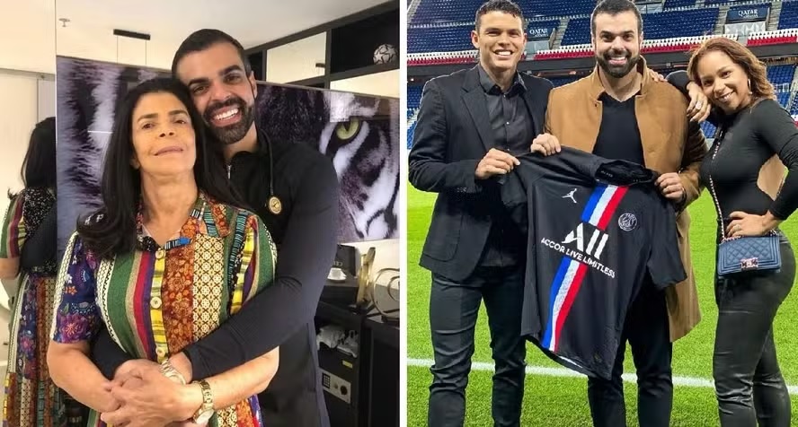 Douglas Tigre com a mãe, Silene, e o jogador Thiago Silva e sua mulher, Belle Silva — Foto: rep/ instagram