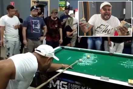 Maciel Bruno se preparando para tacada final; em detalhe ele com o dinheiro da vitória. Foto/Reprodução