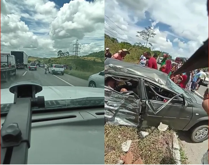 Batida entre carro e carreta mata duas pessoas e deixa quatro feridas na BR-324 — Foto: Reprodução/TV Bahia
