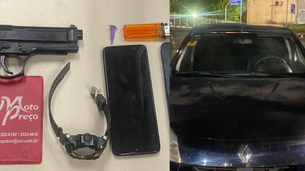 Com o trio, no bairro de Stella Mares, os militares recuperaram um carro modelo Sandero, roubado, um simulacro de pistola, celulares e relógios foram apreendidos com os assaltantes - Foto: Divulgação | SSP BA