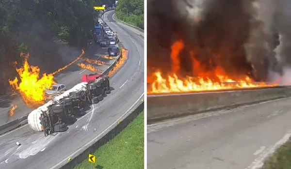Caminhão-tanque tomba e causa incêndio na BR-101, em Santa Catarina. Foto: Reprodução