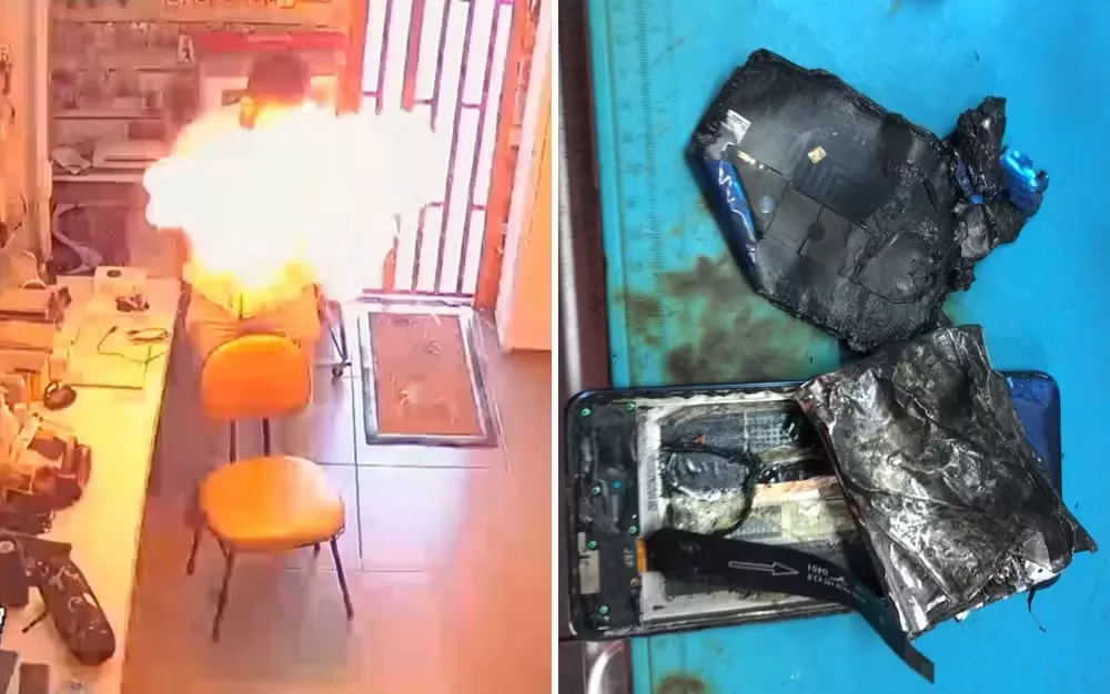 O técnico Henrique Eder, de 33 anos, tentava abrir o celular quando uma labareda surgiu da bateria, chegando muito perto de atingir seu rosto. Foto: Reprodução/Internet