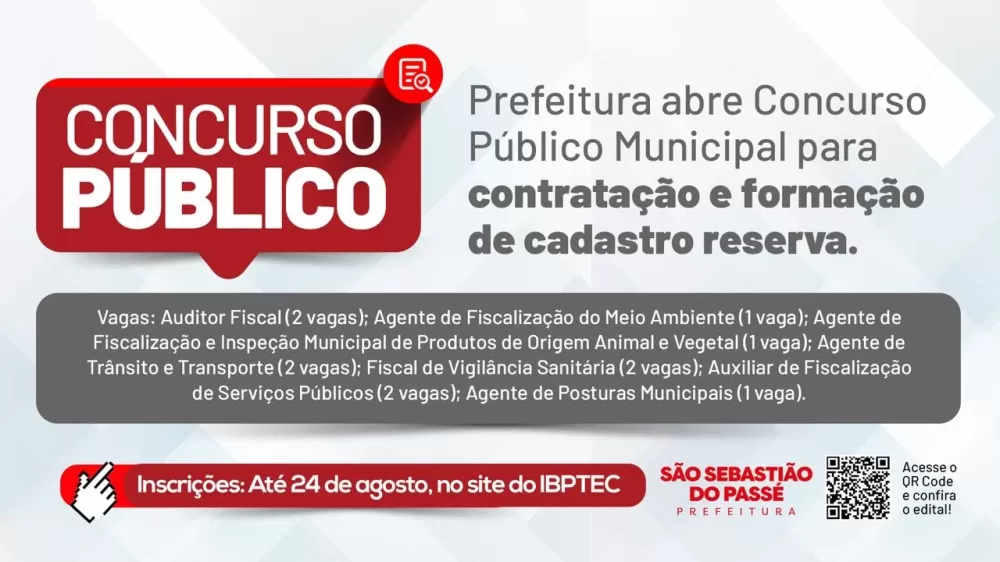 ra de São Sebastião do Passé lança concurso público com vagas para diversos cargos. Foto: Divulgação