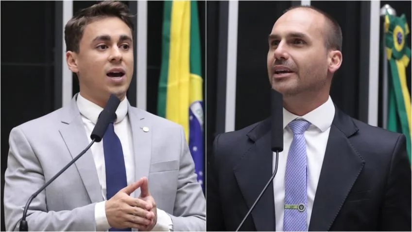 Na imagem, o deputado Nikolas Ferreira (à esq.) e o ex-deputado Eduardo Bolsonaro (à dir.). Foto: Reprodução