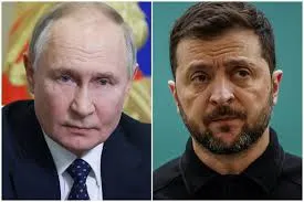 O presidente da Rússia, Vladimir Putin e o presidente Volodymyr Zelensky. Foto: Reprodução