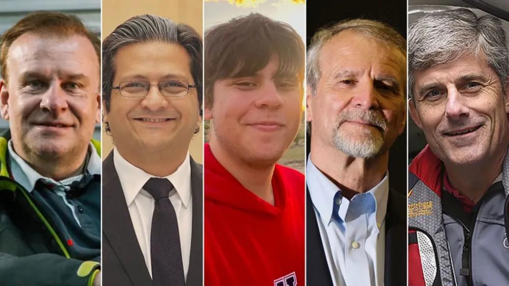 Desaparecidos no submarino, a partir da esquerda: Hamish Harding, Shahzada Dawood, Suleman Dawood, Paul-Henri Nargeolet e Stockton Rush Obtido / Reprodução/CNN